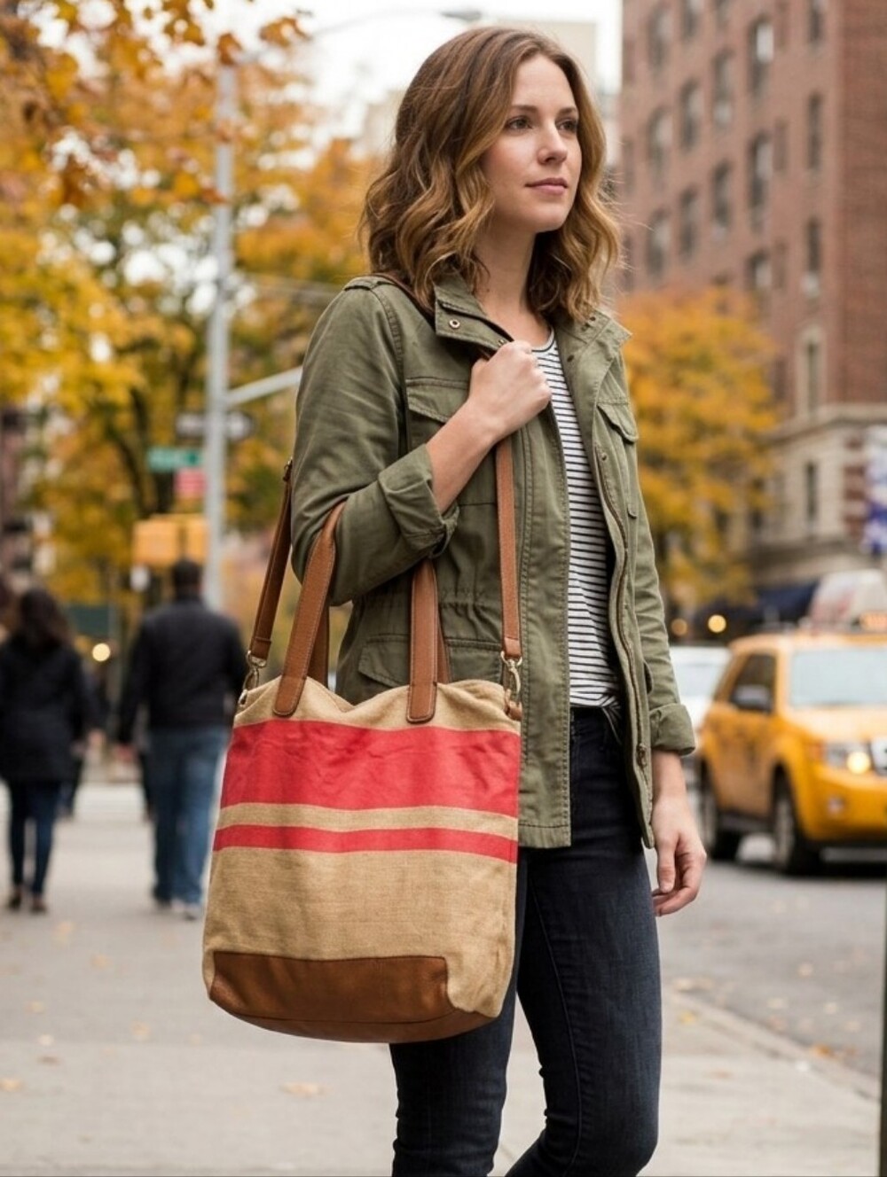 {GAP} Women's Canvas Tote with Red Stripe and Brown Trim - 2013 Collection